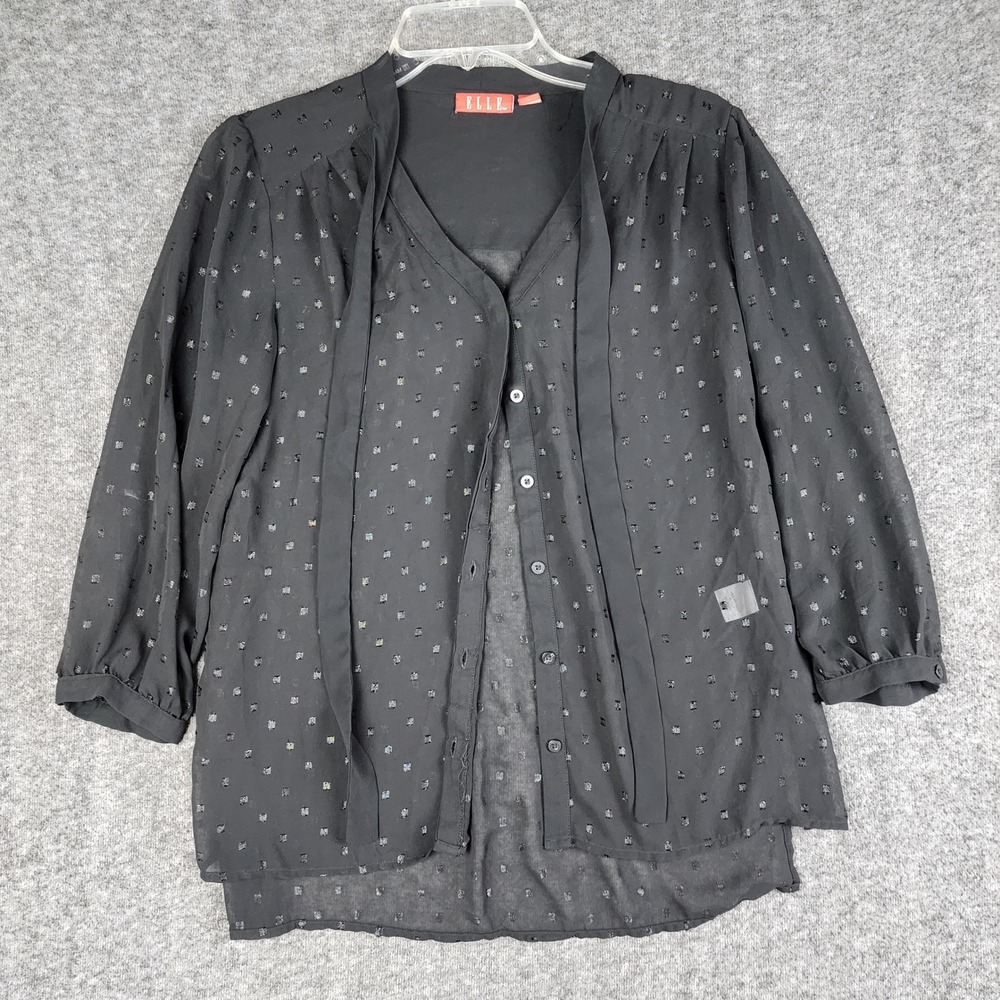 Elle Blouse Womens Small Black Metallic Clip Dot Tie Neck 3/4 Sleeve Button Up
